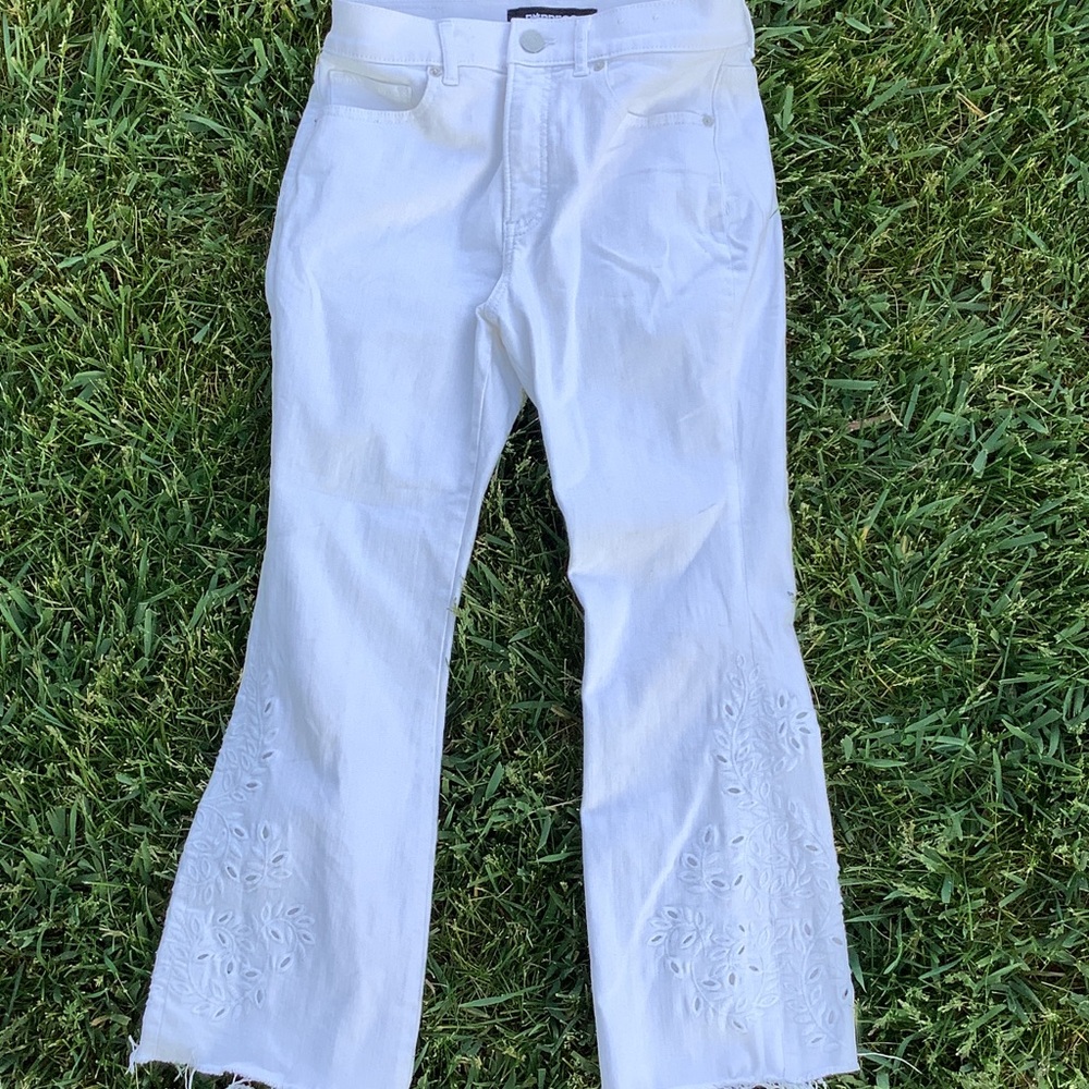 Express White Cropped Flare Jeans with Eyelet Detail